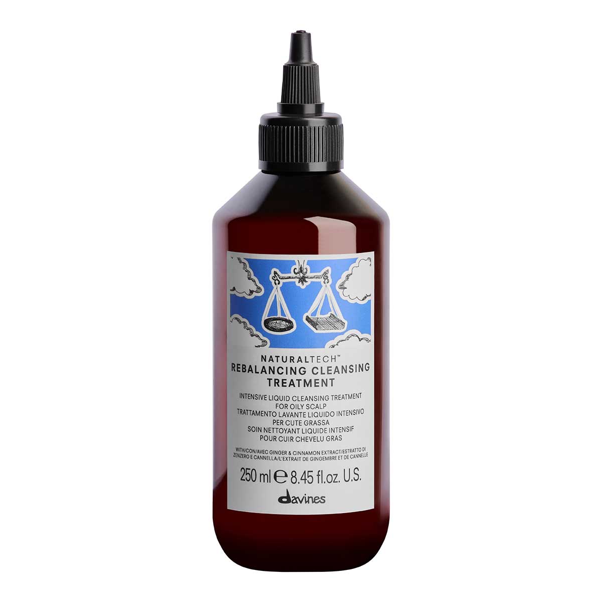 Bottle of Davines Rebalancing Cleansing Treatment on a white background